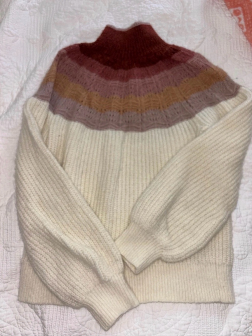 Maurices Cream Cowl Neck Sweater with Multi-Color Yoke